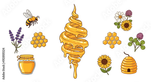 Honeybee illustration set jar comb swirl flowers and hive elements