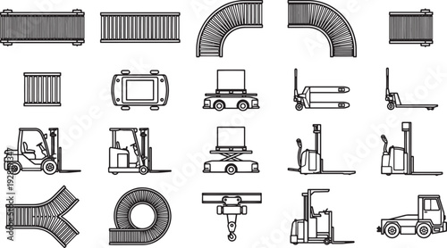 A collection of industrial equipment and machinery with top, side and angled views, rendered in a line drawing style. 