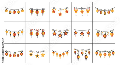 Set of festive Asian string lights with traditional lanterns and star decorations, concept for holiday event decoration, cultural festival banner and seasonal greeting card
