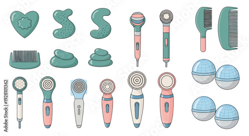 Collection of various spa and beauty treatment tools like facial brushes, massage stones and combs, concept for beauty salon marketing, cosmetic product illustration and skincare routine design