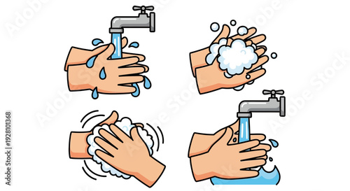 Illustrated sequence of hand washing steps with running water and soap bubbles