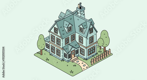 Isometric illustration of a two story house with trees and a garden