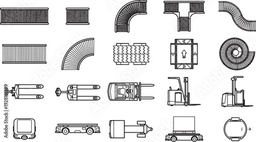 An abstract, high-angle illustration of various industrial machinery components, meticulously designed for factory or warehouse operations. 