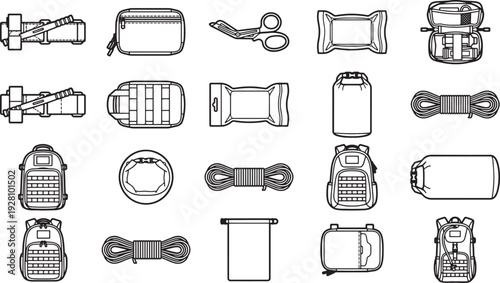 Various essential survival gear and accessories, each item meticulously presented in a clean, minimalist line art style, perfect for illustrating preparedness.
