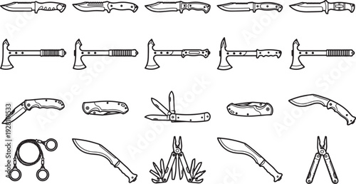 A collection of meticulously rendered drawings presents a diverse array of bladed tools, showcasing their form and function.