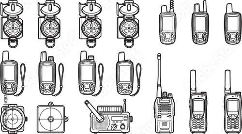 Navigational tools and communication devices meticulously arranged, creating a visually engaging display of essential equipment for exploration and emergency situations.