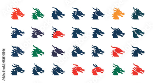 Collection of colorful dragon head icons in various modern flat styles, concept for mascot design, gaming logo and mythical creature branding