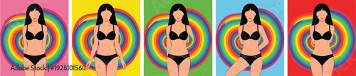 Female Body Positivity Illustration Set with Diverse Woman Figures in Black Lingerie Against Colorful Rainbow Background