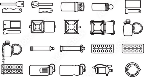 Collection of Camping Gear Icons, offering a minimalist yet detailed top-down perspective on essential outdoor equipment. Ideal for designs related to camping, travel, and adventure.