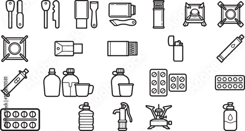 Minimalist monochrome icons of essential camping equipment, perfectly capturing the spirit of adventure and outdoor exploration.