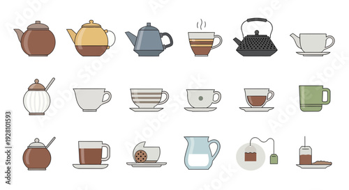 Set of various flat design icons for teapots, cups, sugar bowls and tea accessories, concept for cafe menu design, beverage packaging illustration and kitchenware product catalog