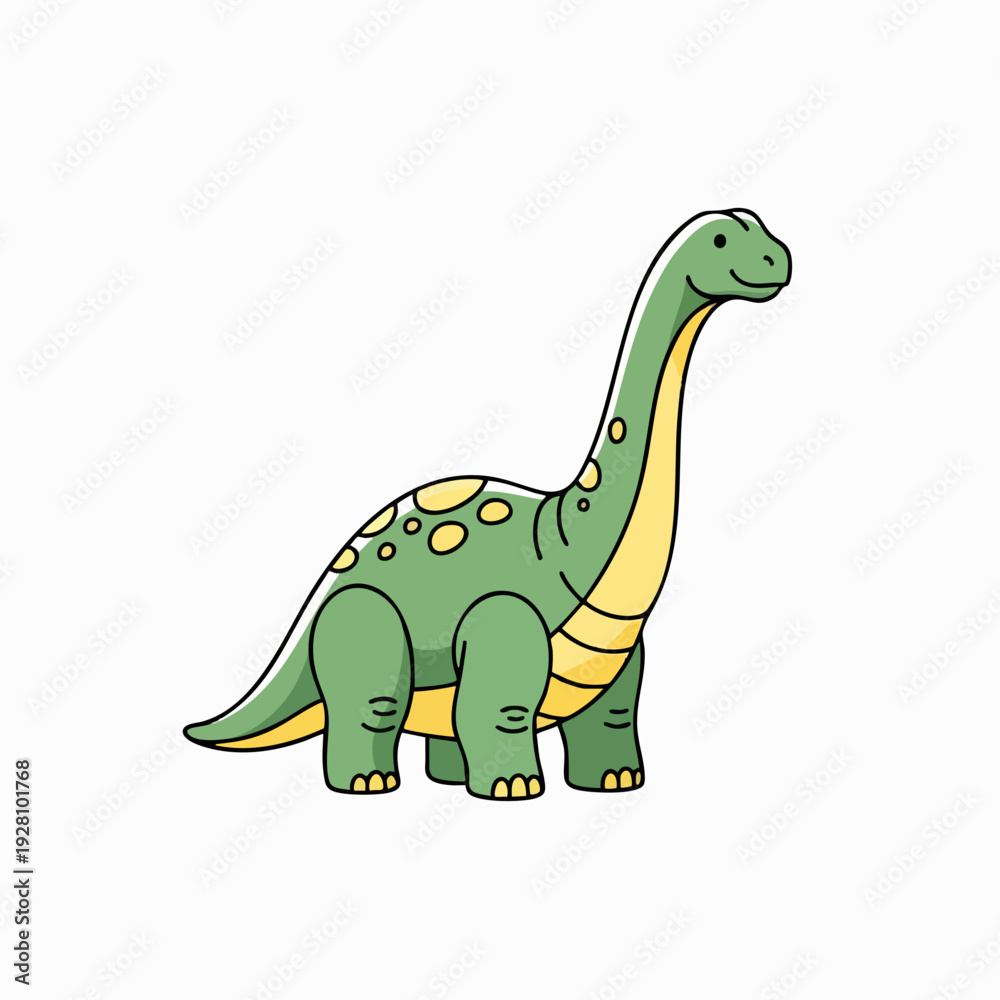 Naklejka premium Cute cartoon brachiosaurus dinosaur with green skin and yellow spots isolated on white background for children's illustration