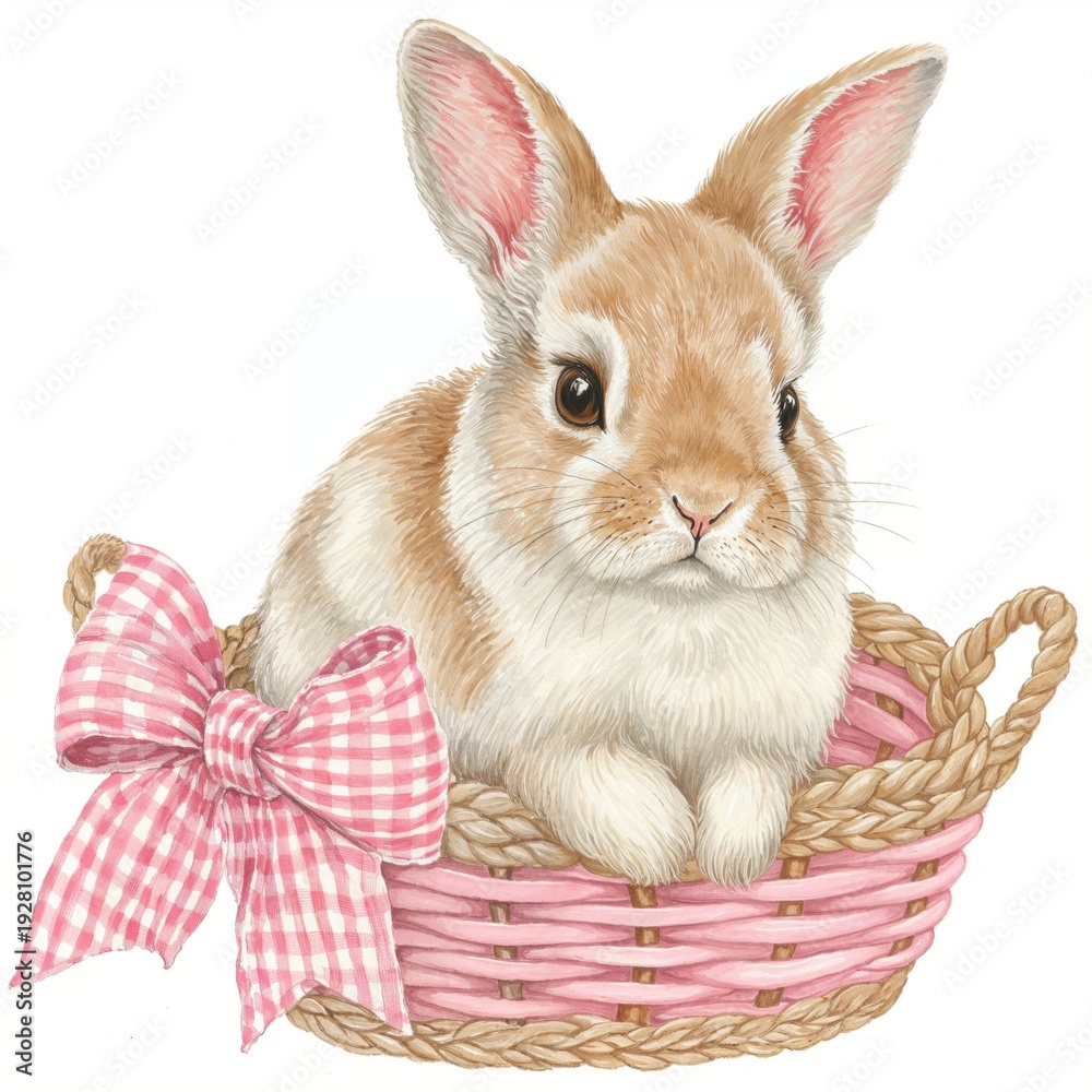 Fototapeta premium Adorable Brown Bunny In Pink Wicker Basket With Gingham Bow — Easter Spring Illustration