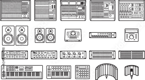 Professional audio gear and equipment for music recording and production, showcasing a minimalist array of mixing consoles, speakers and synthesizers.