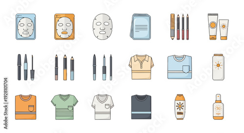 Collection of flat outline icons featuring skincare, makeup, casual apparel and sun protection items, concept for beauty blog illustration, cosmetic product design and retail graphic