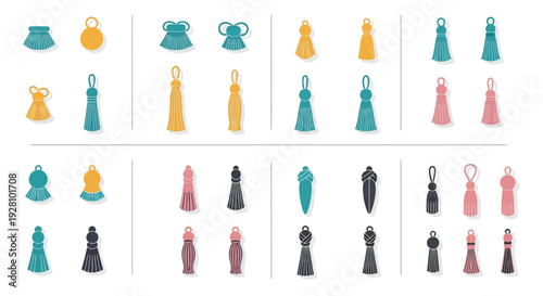 Set of colorful decorative textile tassels and fobs in various shapes and styles, concept for jewelry making, craft supply design and fashion accessory illustration