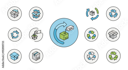 Set of packaging and recycling icons featuring cardboard boxes and refill loop process, concept for logistics presentation, circular economy report and sustainable packaging design