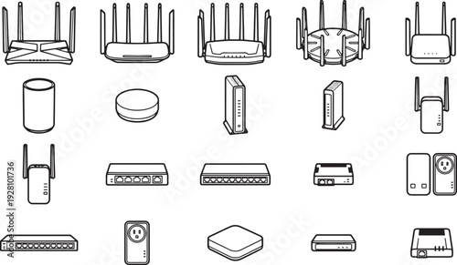 Digital Connectivity Grid - A meticulously crafted illustration presents a comprehensive collection of modern digital network devices, illustrating the backbone of contemporary communication. 