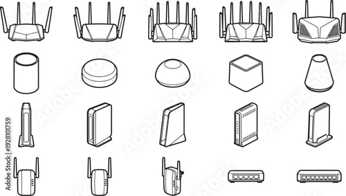 A collection of network devices, illustrating different router and modem designs in sleek, modern configurations.