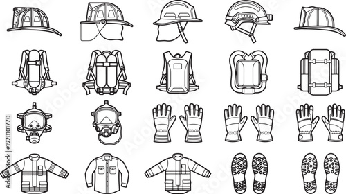A collection of essential firefighting gear, including helmets, breathing apparatus, gloves, and protective suits, is neatly organized to ensure safety and readiness.