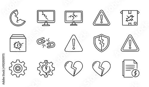 Damage and Broken Outline Icon Set with Editable Stroke for Repair Warning and Error Concepts