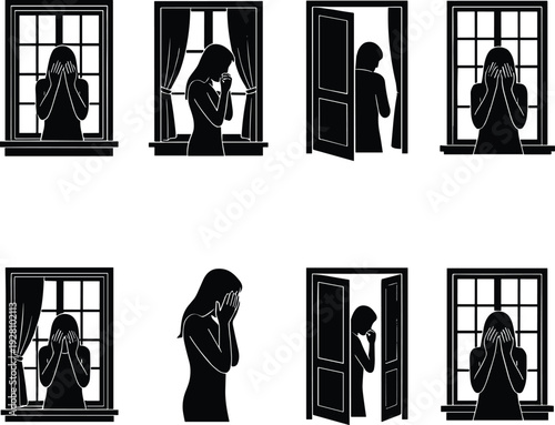 Silhouette set of a depressed woman crying by windows and doors representing loneliness, mental health struggles, grief, sadness, despair, and emotional breakdown in isolation
