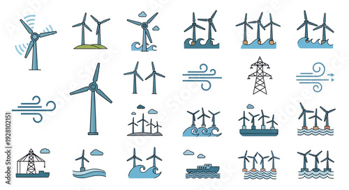 Set of wind turbine icons illustrating onshore and offshore wind farm generation, concept for renewable energy project design, sustainable technology infographics and clean power marketing