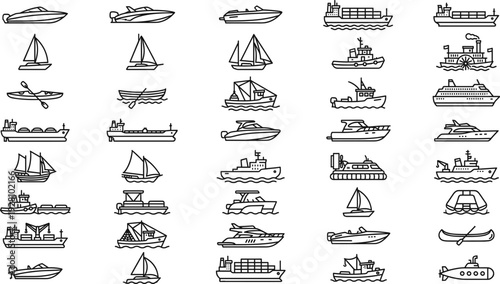 Hand Drawn Boat and Ship Icon Set Outline Vector Collection Featuring Yachts Sailboats Ferries and Cargo Vessels