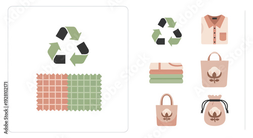 Set of eco-friendly textile and cotton product icons with recycling symbol, concept for sustainable fashion, textile industry materials and organic packaging design