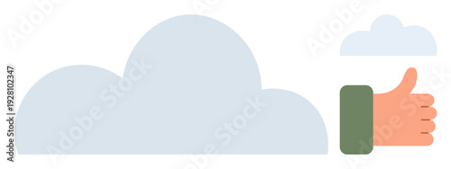 Digital services, cloud storage, online access, data management, network integration, technology solutions. Cloud alongside a hand with a thumbs-up. Digital services and cloud storage concepts