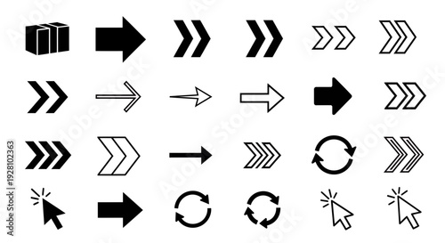 Collection of black and white direction arrows, refresh icons and cursor pointers on white background, concept for web design, application interface and data flow visualization