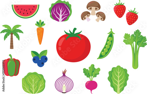 Fresh fruits and vegetables illustration set with tomato cabbage carrot strawberry peas healthy food collection