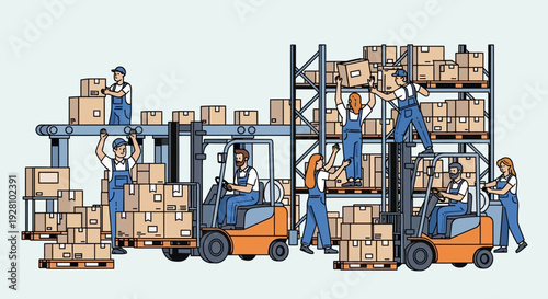 Warehouse Workers Operating Forklifts and Stacking Boxes.