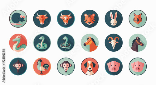 Set of flat design Chinese zodiac animal icons featuring rat, ox, tiger, rabbit and dragon, concept for cultural education material, festive greeting card design and zodiac profile decoration