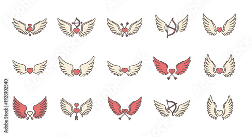 Set of stylized cupid wings with hearts and arrows icons, concept for Valentine's day greeting card design, romantic wedding invitation stationery and love sticker badge