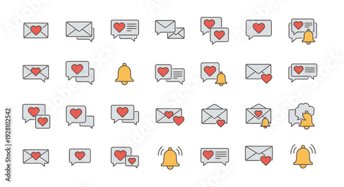 Set of line art icons for love messages, chat notifications and romantic alerts, concept for social media marketing, dating app interface and Valentine's Day campaign
