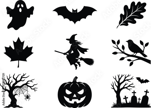 Halloween silhouette icons set with ghost bat witch pumpkin graveyard tree spider autumn leaves vector illustration