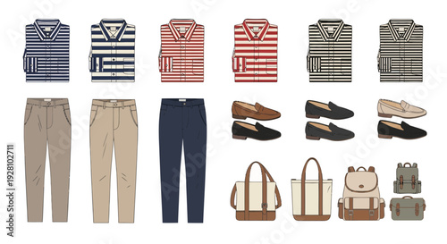 Collection of folded striped dress shirts, trousers, loafers and various bags for men's business casual wear, concept for fashion catalog presentation, apparel e-commerce listing and textile design