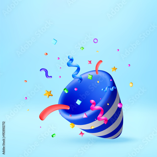 3D Colorful confetti and streamer falling from floating party popper. 3d celebration concept for birthday, holiday, and event fun. Vector illustration