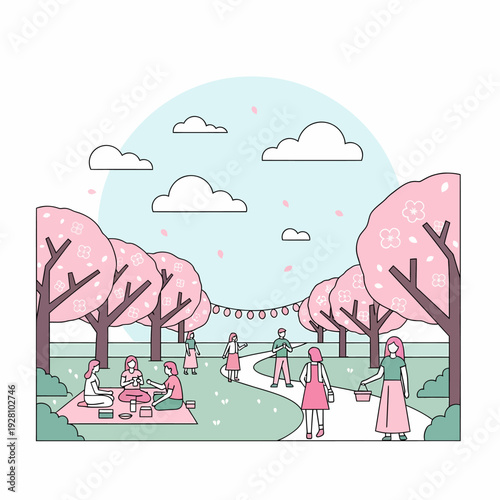 A minimalist illustration of people enjoying a spring day in a park with cherry blossom trees and a picnic.