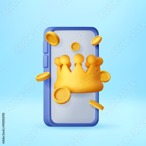3D Golden crown and coins on mobile phone screen. Concept of online gaming victory, digital bank, or mobile gambling application. Vector illustration