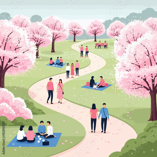 People enjoying a beautiful spring day in a park filled with pink cherry blossom trees, picnicking and walking along winding paths.