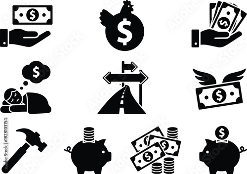 Money and Finance Icon Set Featuring Cash Payment Savings Piggy Bank Investment Income and Financial Growth Silhouette Collection