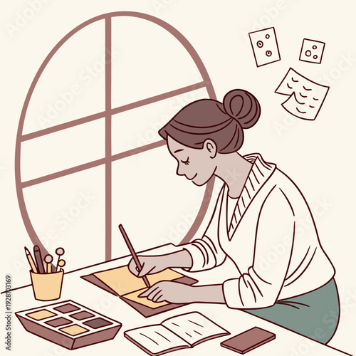 Young creative woman sitting at her desk drawing in sketchbook with artistic tools and palette by large window in peaceful home office environment