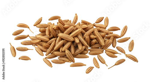 Realistic pile of brown cumin seeds (Jeera), aromatic whole spice for seasoning and Indian cooking isolated on transparent background

