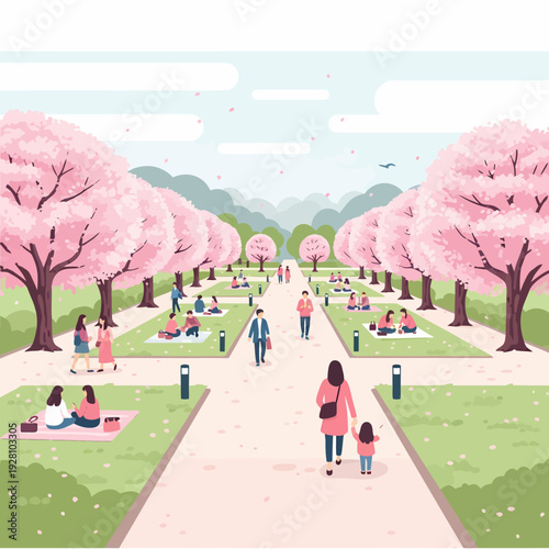 A vibrant illustration of a park filled with cherry blossom trees and people enjoying picnics and strolls on a beautiful spring day.
