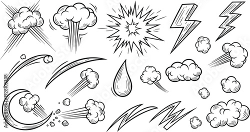 Comic style sound effects and motion graphics, abstract shapes, energy bursts