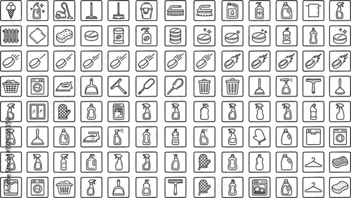 Hand Drawn Household Cleaning Supplies and Laundry Equipment Icon Set Minimal Outline Vector Collection