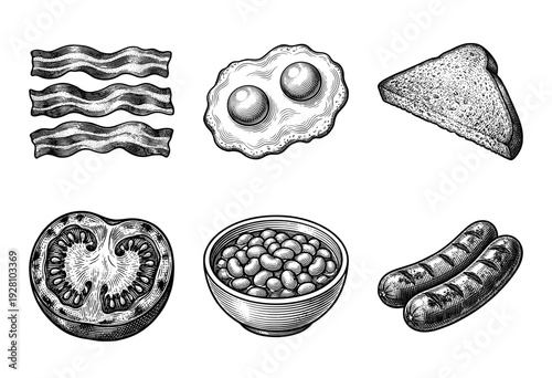 Vintage woodcut style breakfast food collection featuring eggs bacon sausages beans tomato and toast on white