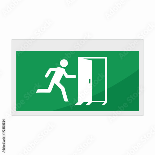 Emergency exit sign with running man icon leading to open door green and white design for safety guidance in evacuation route